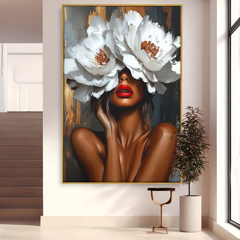 Tablou canvas cu tablou canvas cu portret de femeie, in rama de aluminiu auriu